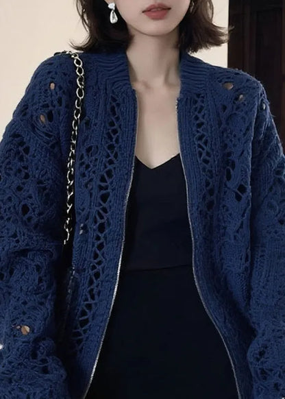 Blue O-neck Zippered Patchwork Cotton Knit Coats Long Sleeve