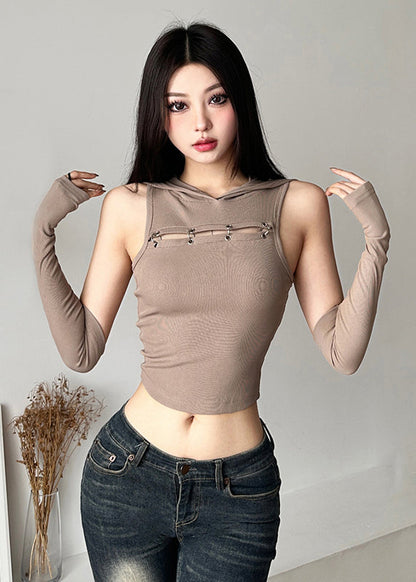 Khaki Patchwo Hollow Out Hooded Top Sleeveless