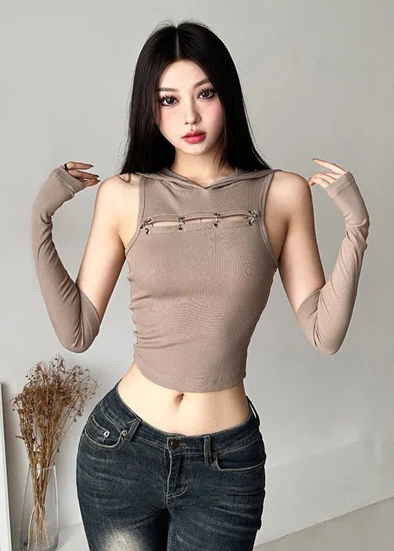 Khaki Patchwo Hollow Out Hooded Top Sleeveless