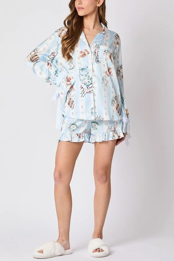 Christmas Fashion Printed Bow Top and Elastic Waist Ruffle Shorts Set