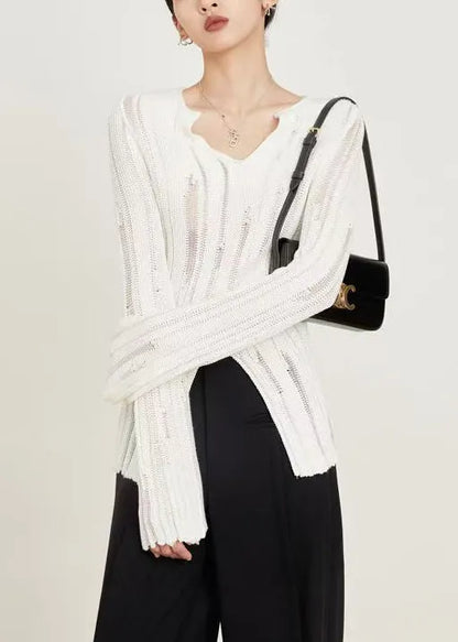 Slim Fit Black Hollow Out Front Open Knit Sweaters Spring
