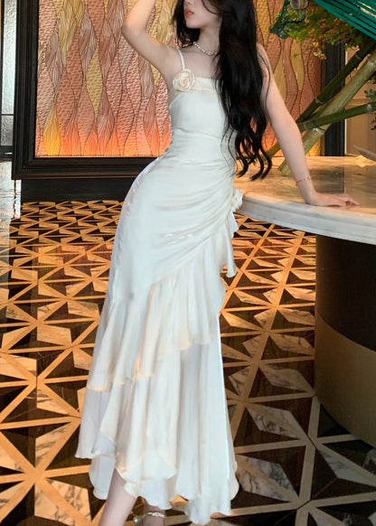 White High Waist Silk Party Dress Ruffled Summer