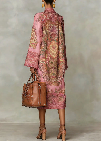 Pink Print Silk Dress Stand Collar Flare Sleeve