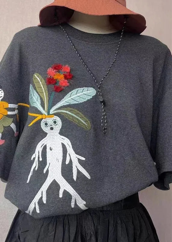 Loose Grey O-neck Embroidered Cotton T Shirt Summer