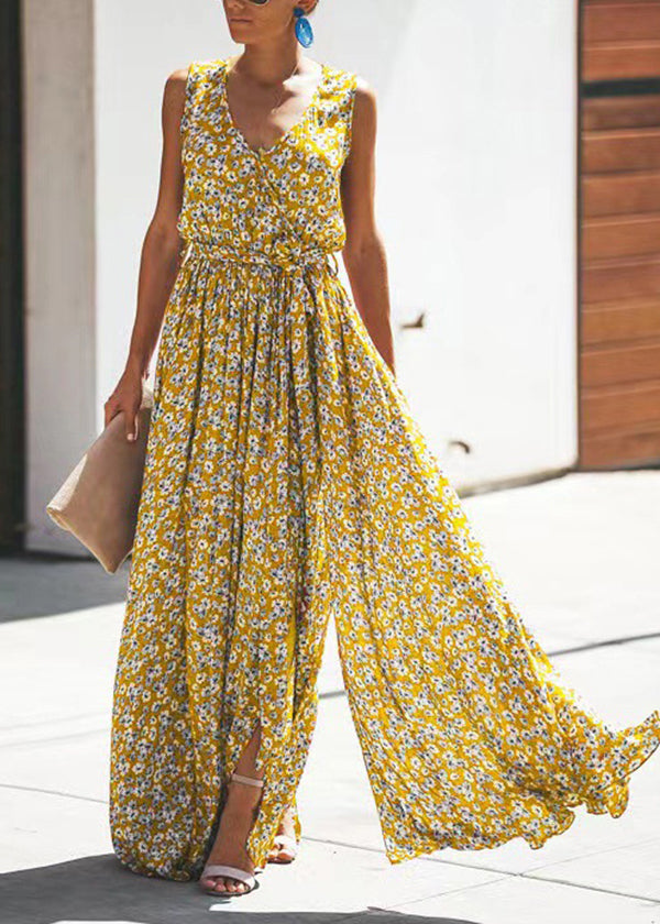 French Rust V Neck Print Wrinkled Cotton Dresses Sleeveless