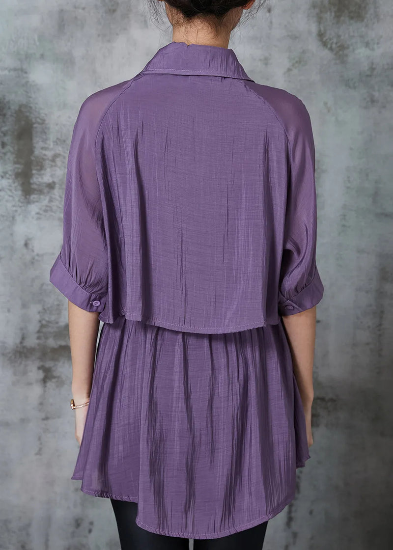 Purple Cinched Patchwork Silk Shirt Top Summer
