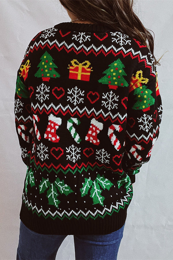 Christmas Pattern Knit Crew Neck Long-Sleeve Sweater