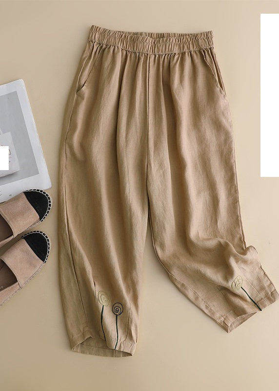 Brief Khaki Embroidered High Waist Linen Harem Pants Summer