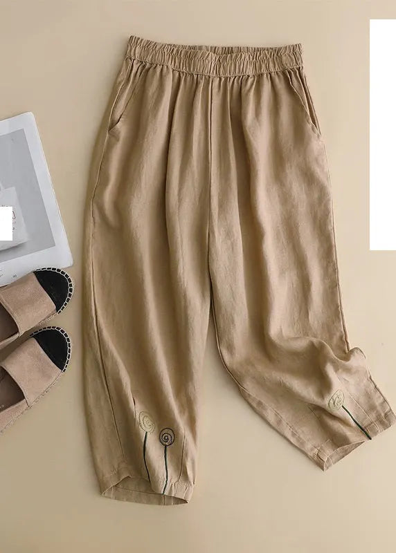 Brief Khaki Embroidered High Waist Linen Harem Pants Summer