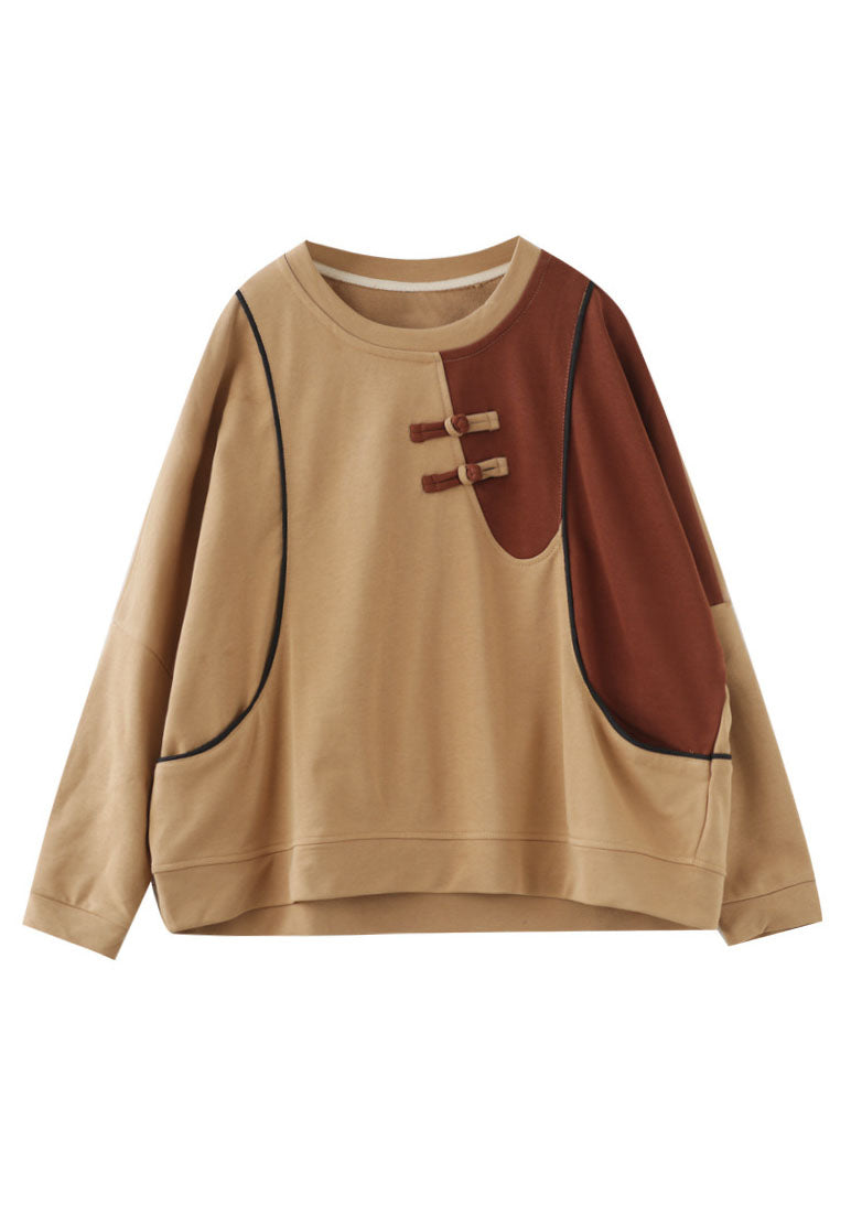 Khaki O-neck Patchwork Cotton Sweatshirts Spring