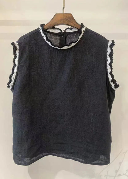 Back Button Down Patchwork Lace Linen Tops Sleeveless