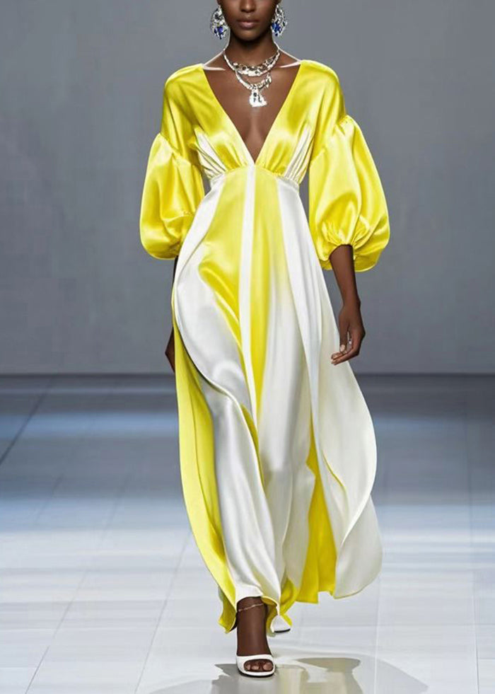 French Yellow Deep-v Neck Patchwork Silk Dress Lantern Sleeve