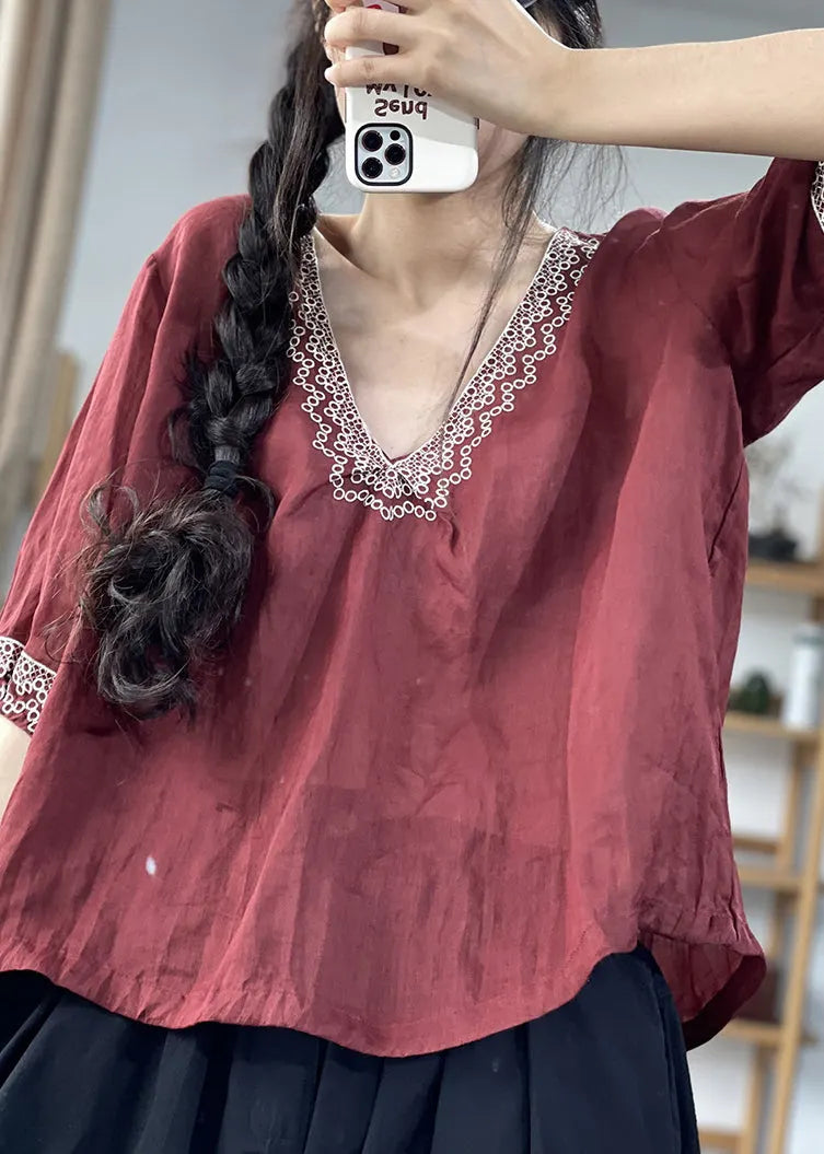 Loose Wine Red V Neck Patchwork Linen Shirt Half Sleeve
