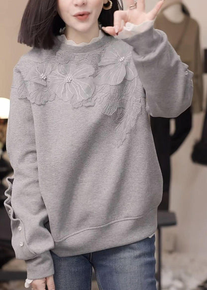 Grey Nail Bead Loose Cotton Sweatshirt Fall