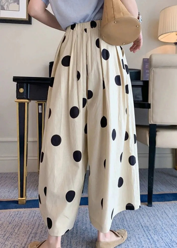 White Dot Print Elastic Waist Crop Wide Leg Pants Summer