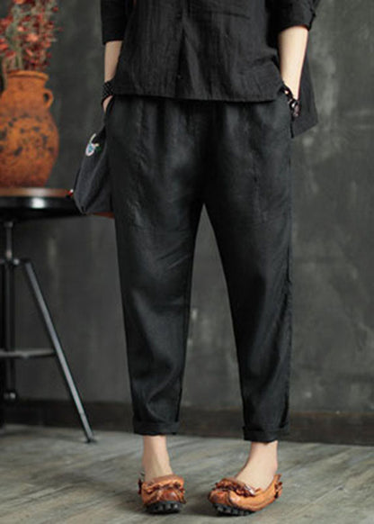 Loose Black High Waist Patchwork Linen Pants Summer