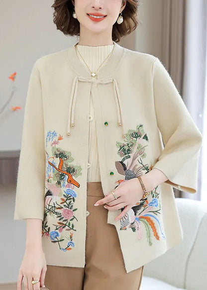 Stylish Beige O-neck Patchwork Wool Knit Cardigans Spring