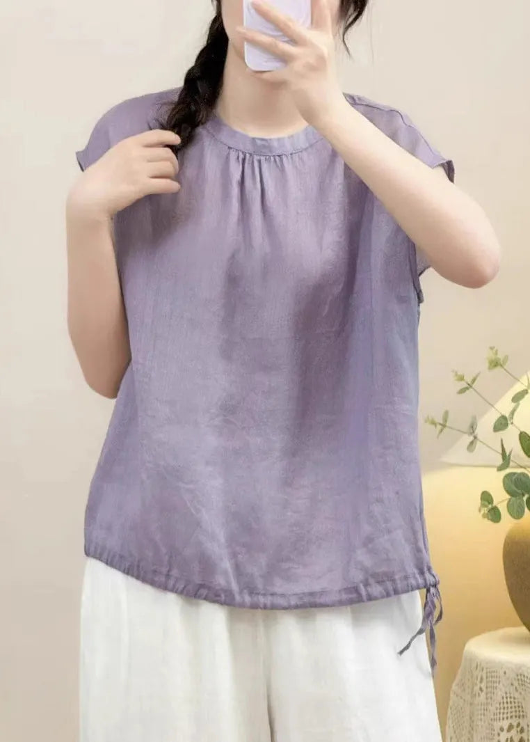 Purple Lace Up Linen Summer Shirts O Neck