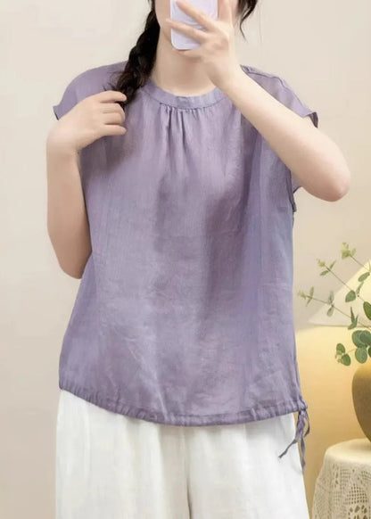Blue Button Lace Up Linen Shirts Summer
