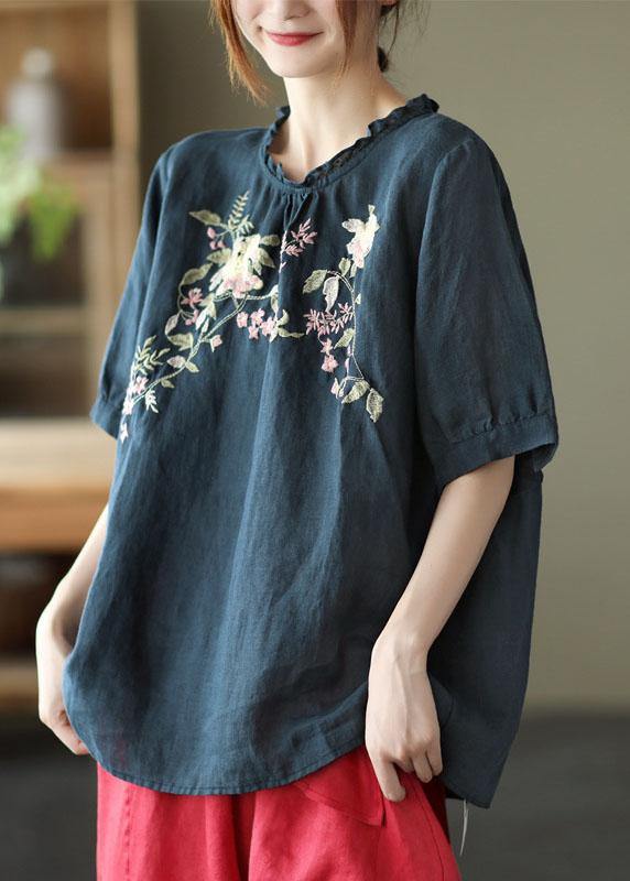 Navy Ruffled Embroidered Summer Linen Shirt