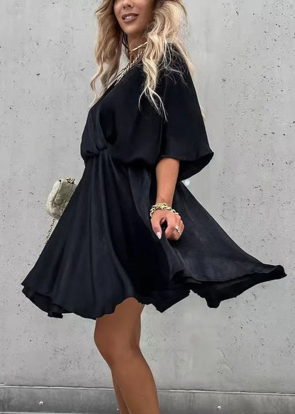 Olive Green V Neck Cotton Mid Dress Half Sleeve