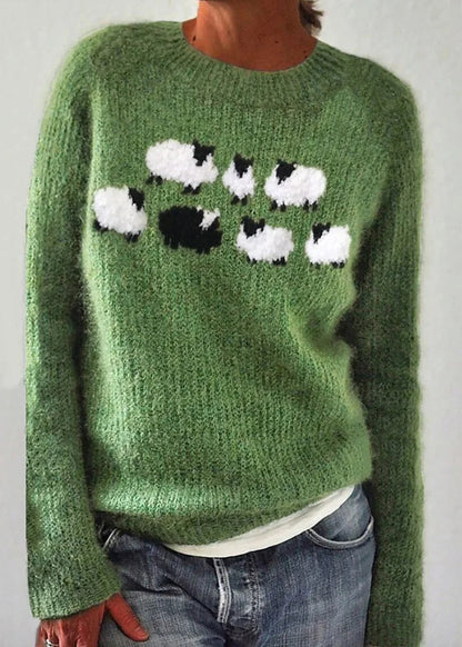 Jacquard Green O-neck Cozy Knit Sweaters Fall
