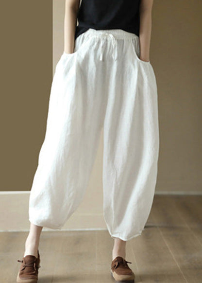White Wrinkled Tie Waist Linen Lantern Pants Summer