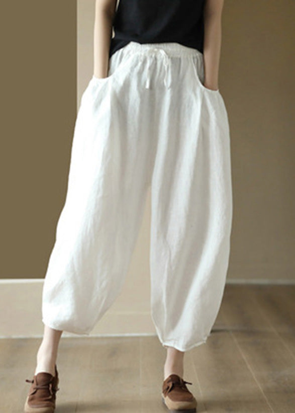 White Wrinkled Tie Waist Linen Lantern Pants Summer