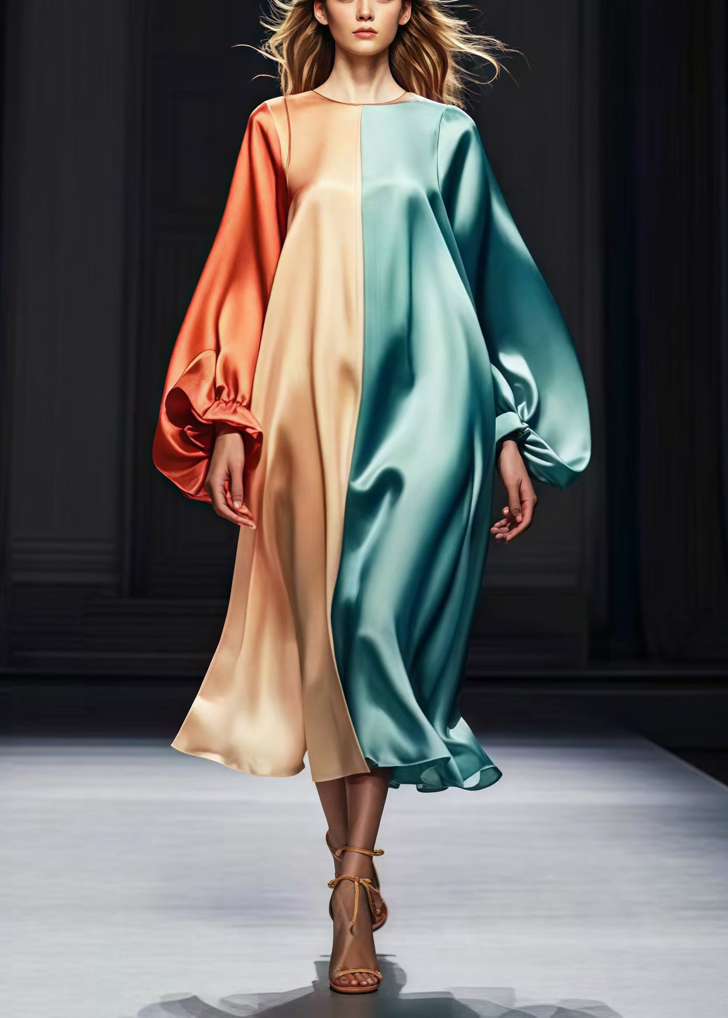 Colorblock Oversized Patchwork Silk Dress Lantern Sleeve