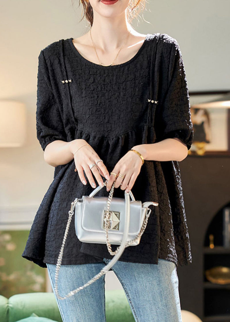 Simple Black O-neck Patchwork Chiffon T Shirts Summer