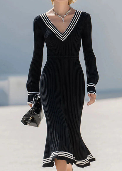 Black V Neck Striped Patchwork Knit Dress Fall