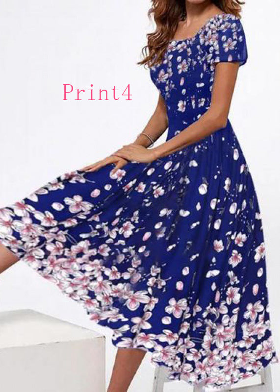 New Square Collar Print Cotton Long Dresses Summer