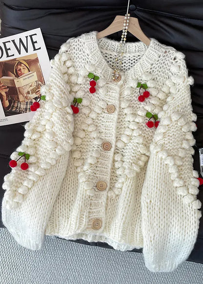 White Cherry Decorated Knit Cardigan Fall