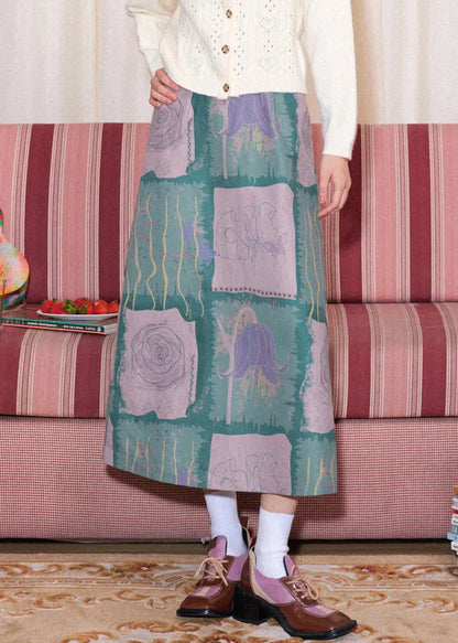 Slim Fit Blue Print High Waist Cotton Skirt Spring