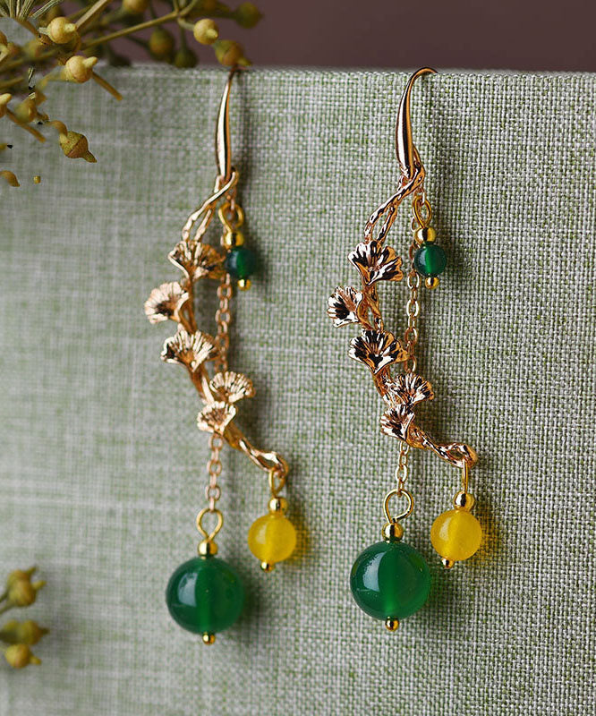 Green Agate the Flowering Branches Shake to Give Notice 14k Gold Drop Earrings