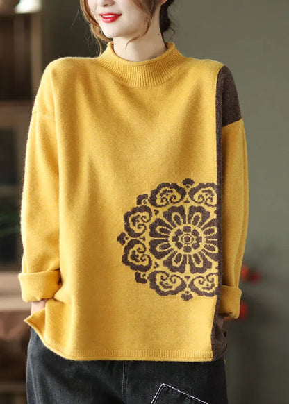 Loose Yellow Color Block Jacquard Knit Top Winter