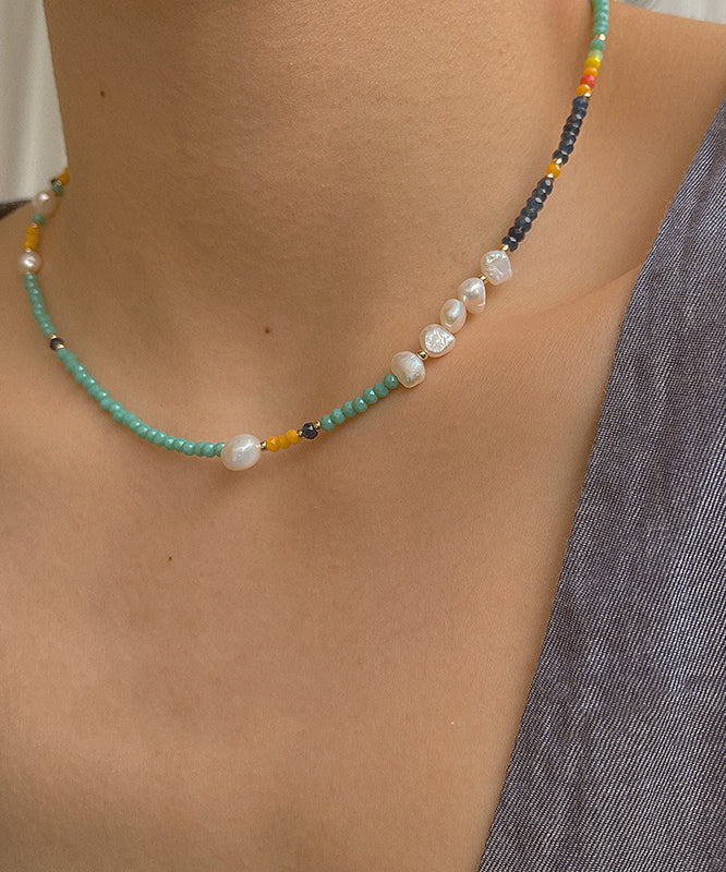 Green Stainless Steel Overgild Pearl Crystal Necklace