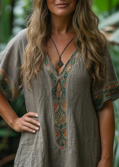 Loose Grey V Neck Print Cotton Mid Dresses Summer