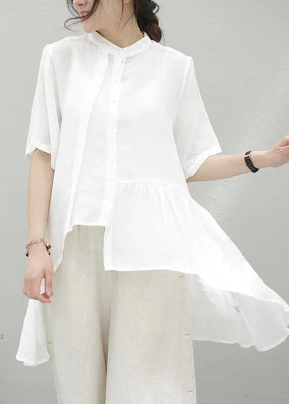 Handmade Blue Linen Clothes Stand Collar Asymmetric Cotton Blouse