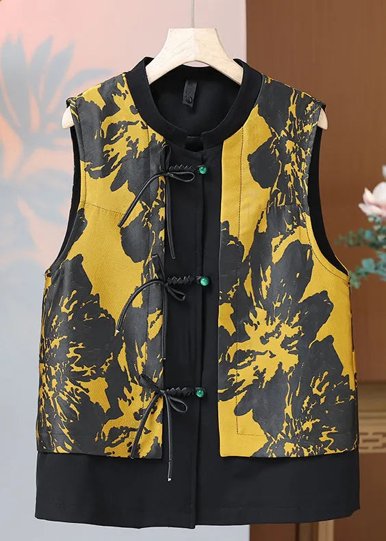 Red O Neck Print Button Silk Waistcoat Sleeveless