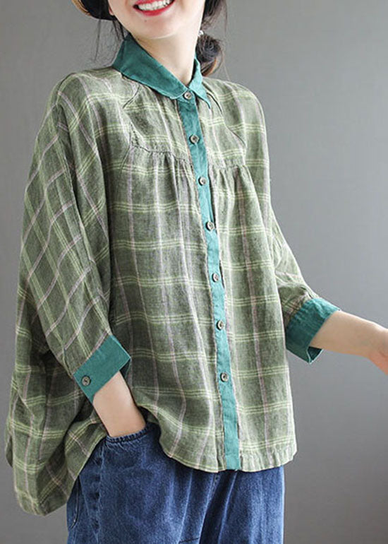 Green Plaid Patchwork Shirt Tops Three Quarter Sleeve
