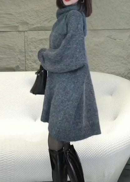 Loose Grey Turtleneck Cozy Knit Sweater Dress Winter