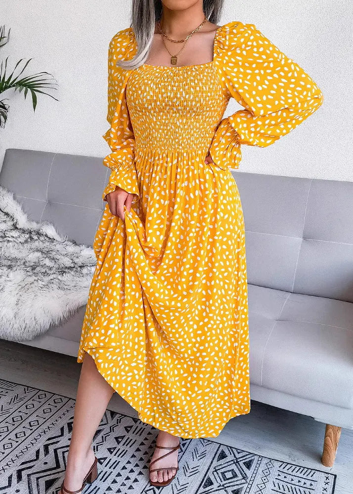 Red Square Collar Print Wrinkled Cotton Dresses Spring