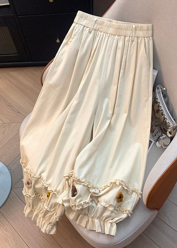 Beige Ruffled Patchwork Wide Leg Pants Summer