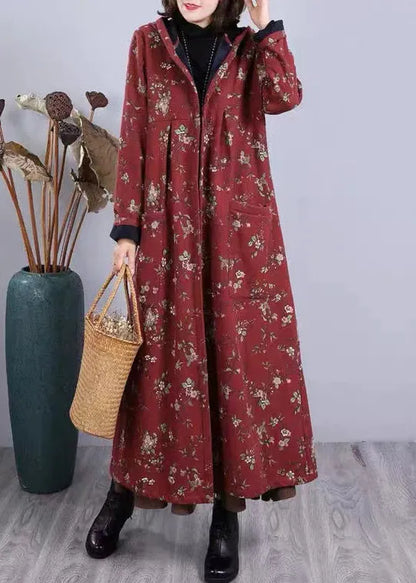 Red Print Pockets Patchwork Warm Fleece Hooded Coat Winter