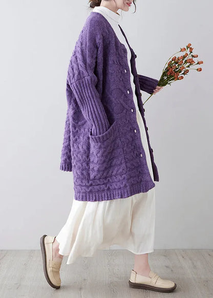 Purple Button Pockets Cotton Knit Cardigan Fall