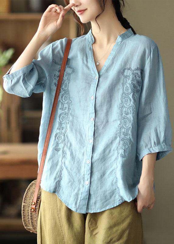 French Yellow Flower Embroidered V Neck Ramie Blouse Top Summer