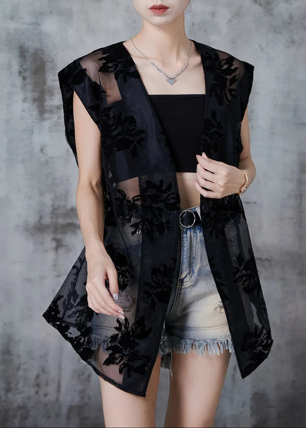 Black Oversized Print Tulle Shirt Tops Sleeveless
