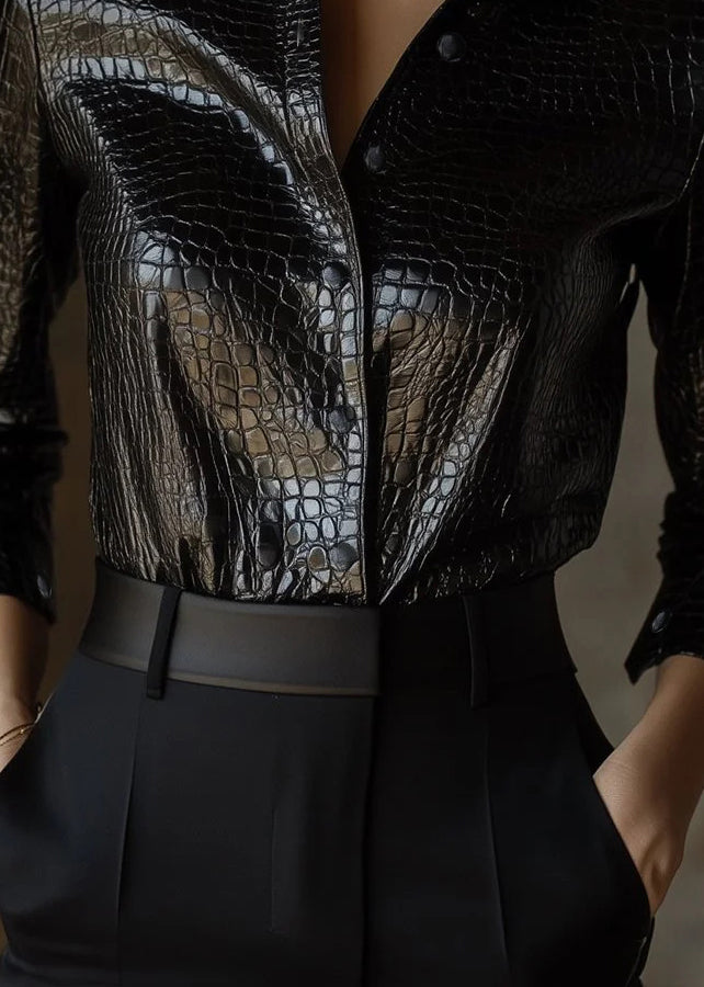 Stylish Black Peter Pan Collar Button Faux Leather Shirts Spring