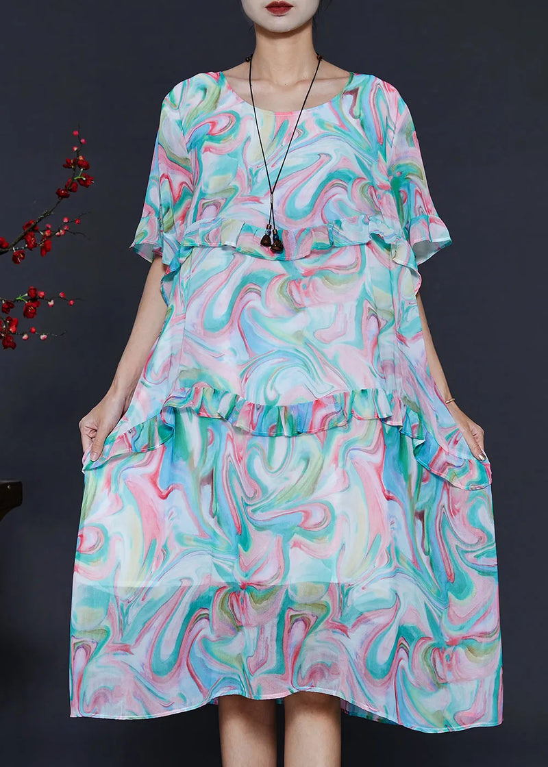 Blue Ruffled Print Chiffon Day Dresses Summer